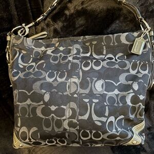 Coach Black/Gray Carly Hobo Bag with Green Leather and Burgundy Interior